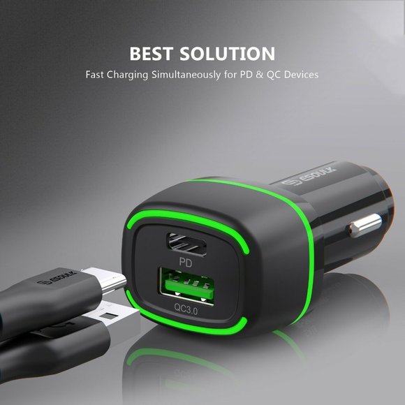ESOULK BLACK 36W FAST CAR CHARGER 18W PD+18W QC USB-A & USB-C - Picture 3 of 6